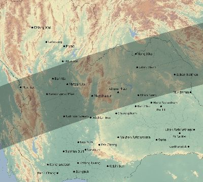 Map of the eclipse path across Thailand on 05/07/2255