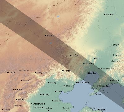 Map of the eclipse path across China on 10/19/2256