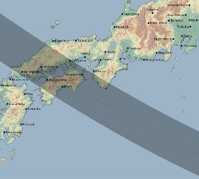 Map of the eclipse path across Japan on 10/19/2256