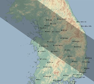 Map of the eclipse path across South Korea on 10/19/2256