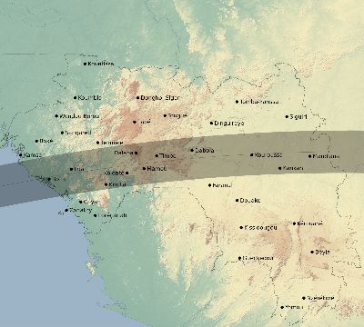 Map of the eclipse path across Guinea on 06/17/2262