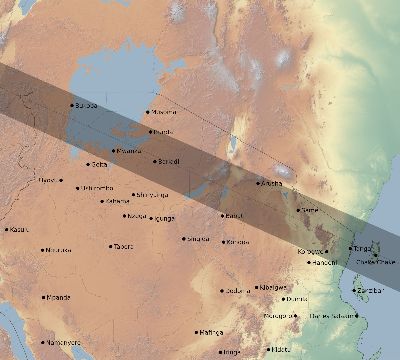 Map of the eclipse path across Tanzania on 06/17/2262