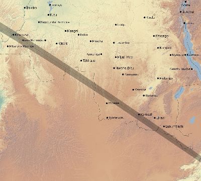 Map of the eclipse path across DR Congo on 12/12/2262
