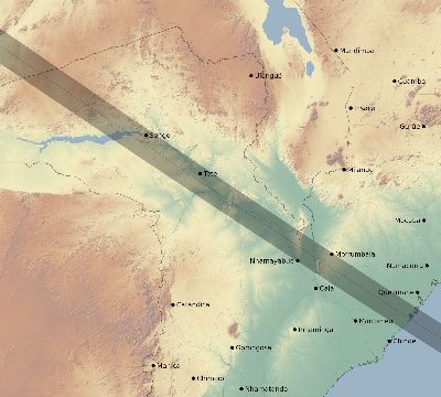 Map of the eclipse path across Mozambique on 12/12/2262