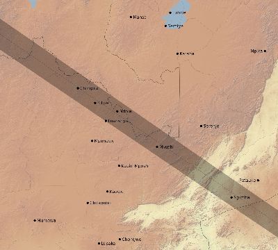 Map of the eclipse path across Zambia on 12/12/2262