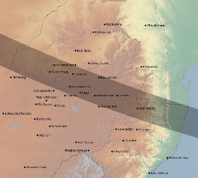 Map of the eclipse path across South Africa on 09/29/2266
