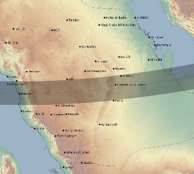 Map of the eclipse path across Saudi Arabia on 10/30/2274