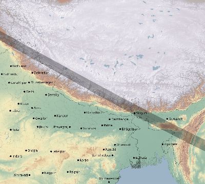 Map of the eclipse path across India on 01/03/2280