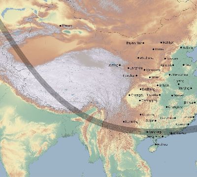 Map of the eclipse path across China on 10/21/2283