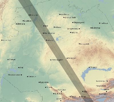 Map of the eclipse path across Kazakhstan on 10/21/2283
