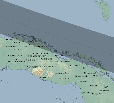 Map of the eclipse path across Cuba on 01/22/2289