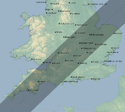 Map of the eclipse path across United Kingdom on 01/22/2289