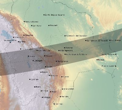 Map of the eclipse path across Bolivia on 03/16/2295