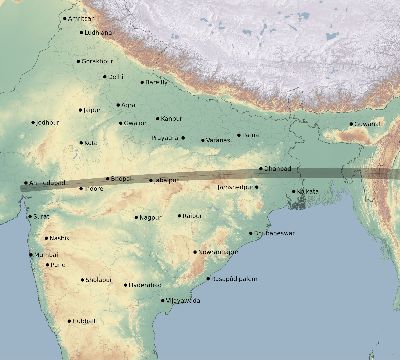 Map of the eclipse path across India on 09/10/2295