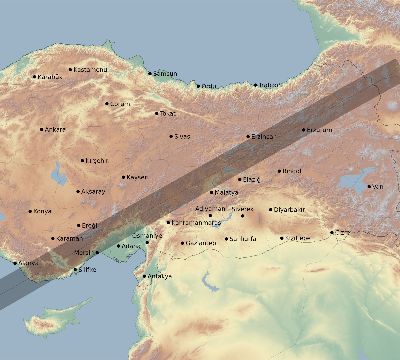 Map of the eclipse path across Turkey on 01/13/2298