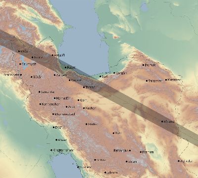 Map of the eclipse path across Iran on 06/28/2299