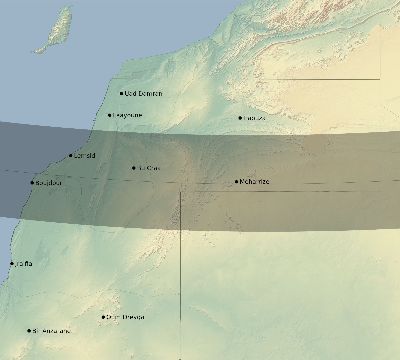 Map of the eclipse path across Western Sahara on 11/01/2301