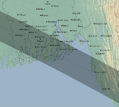 Map of the eclipse path across Bangladesh on 10/22/2302