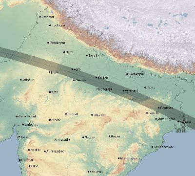 Map of the eclipse path across India on 10/22/2302