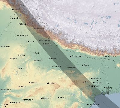 Map of the eclipse path across India on 08/21/2305
