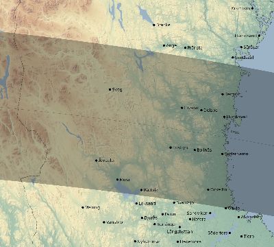 Map of the eclipse path across Sweden on 08/21/2305