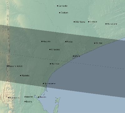 Map of the eclipse path across Mozambique on 02/14/2306