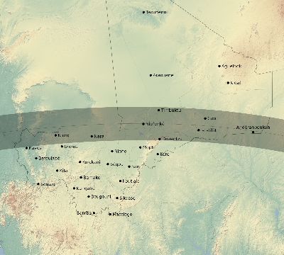 Map of the eclipse path across Mali on 08/10/2306