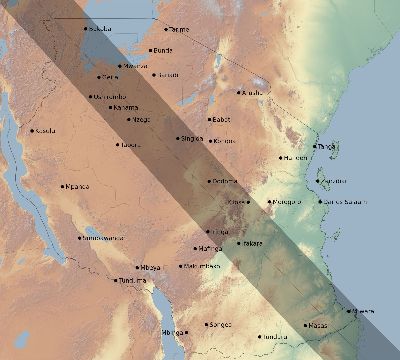 Map of the eclipse path across Tanzania on 08/10/2306