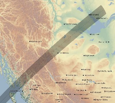 Map of the eclipse path across Canada on 02/04/2307