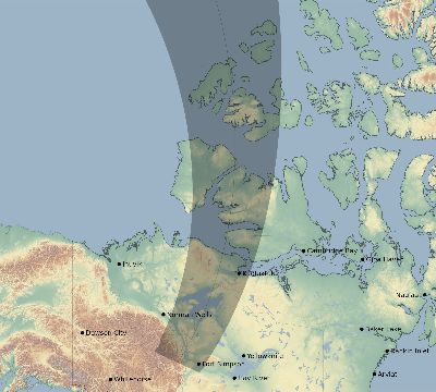 Map of the eclipse path across Canada on 06/19/2308
