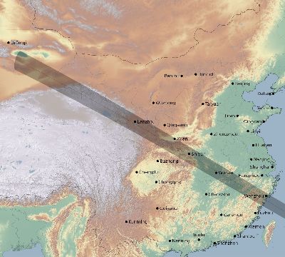 Map of the eclipse path across China on 11/22/2310