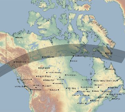 Map of the eclipse path across Canada on 04/07/2312