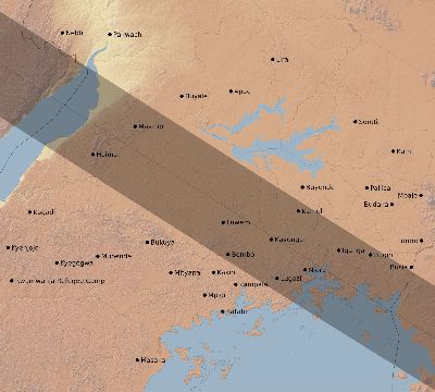 Map of the eclipse path across Uganda on 09/21/2313