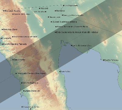 Map of the eclipse path across Mexico on 01/25/2316