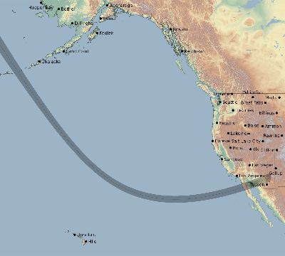 Map of the eclipse path across United States on 11/13/2319