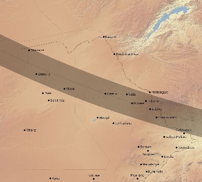 Map of the eclipse path across Botswana on 11/01/2320