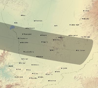Map of the eclipse path across Chad on 09/01/2323