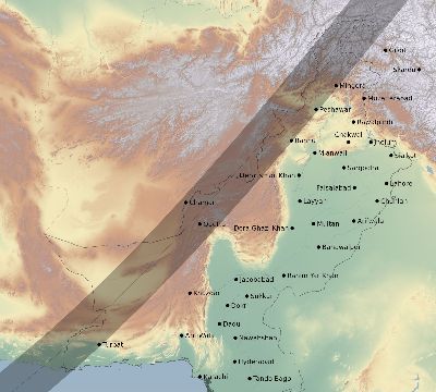 Map of the eclipse path across Pakistan on 02/14/2325