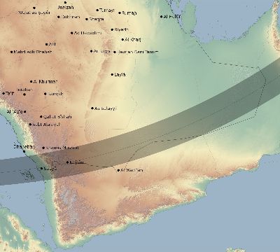 Map of the eclipse path across Saudi Arabia on 02/14/2325