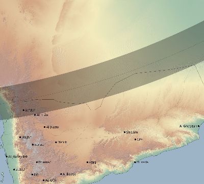 Map of the eclipse path across Yemen on 02/14/2325