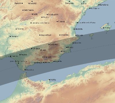 Map of the eclipse path across Spain on 06/20/2327