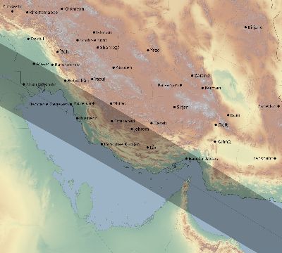 Map of the eclipse path across Iran on 06/20/2327