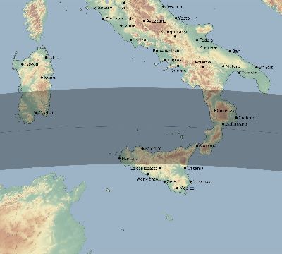Map of the eclipse path across Italy on 06/20/2327