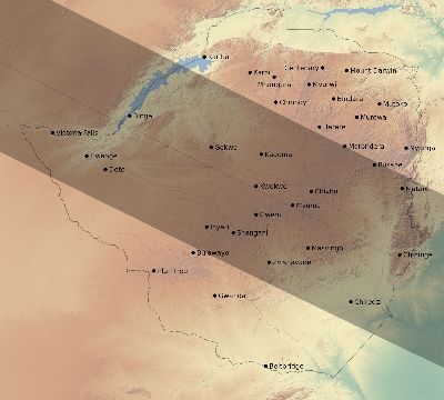 Map of the eclipse path across Zimbabwe on 12/14/2327