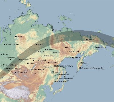 Map of the eclipse path across Russia on 04/19/2330