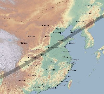 Map of the eclipse path across China on 02/05/2334