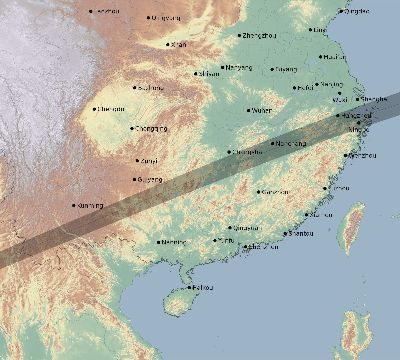 Map of the eclipse path across China on 07/21/2335