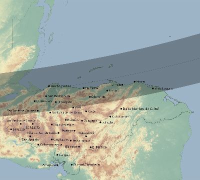 Map of the eclipse path across Honduras on 02/25/2343
