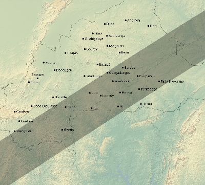 Map of the eclipse path across Burkina Faso on 04/18/2349