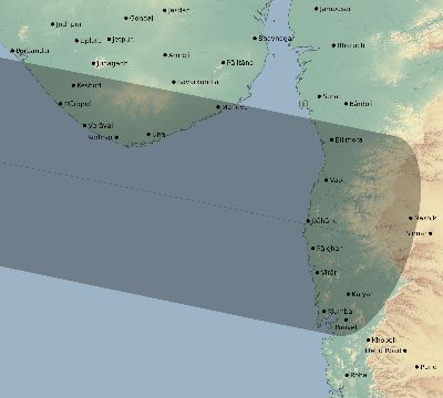 Map of the eclipse path across India on 04/18/2349
